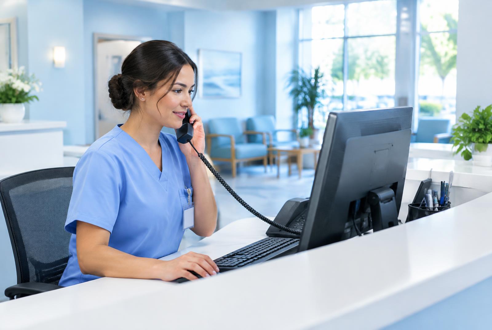 Representative image of a clinic front-desk coordinator managing appointments by phone